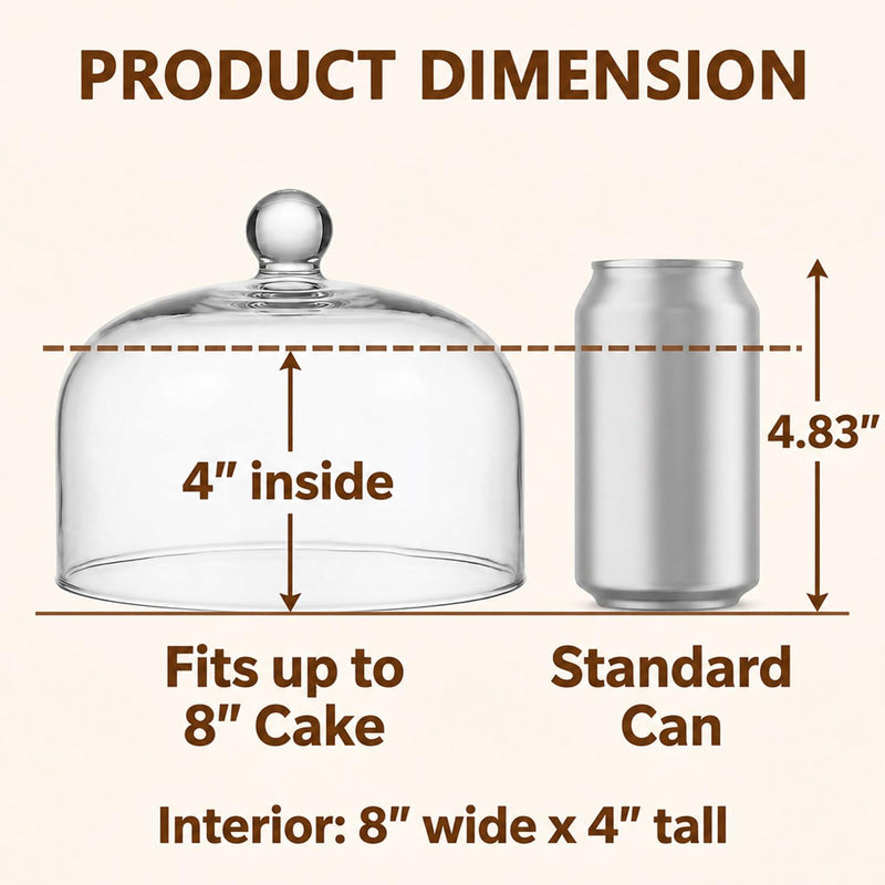 Glass Cake Dome - 10 Inch Clear Round Glass Cake Stand Cover, Display Cloche for Cakes, Pastries, Cupcakes & Desserts, Durable Food-Safe Cover for Party & Holiday, Fits Sizes up to 8"