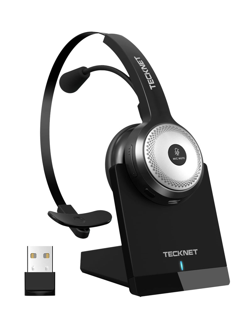 TECKNET Bluetooth 5.2 Headset with Microphone for PC, USB Wireless Headset with Mic for Work, 40Hrs Worktime AI Noise Cancelling On Ear Bluetooth Headphones with Charging Base for Laptop/Call Center Luxury Configuration