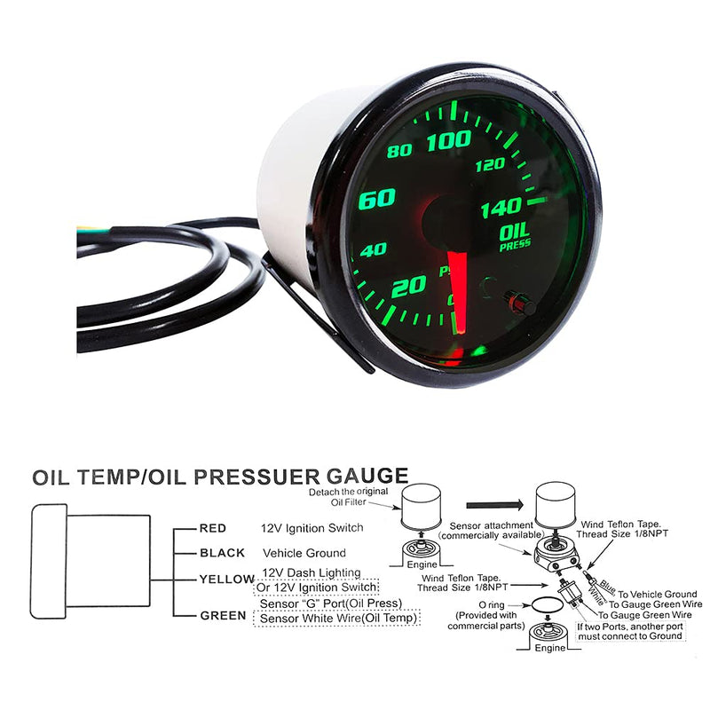2'' Oil Pressure Gauge Meter with Sensor Tinted 7 Color Car Digital LED 0-140 PSI 52mm Oil Press Gauge