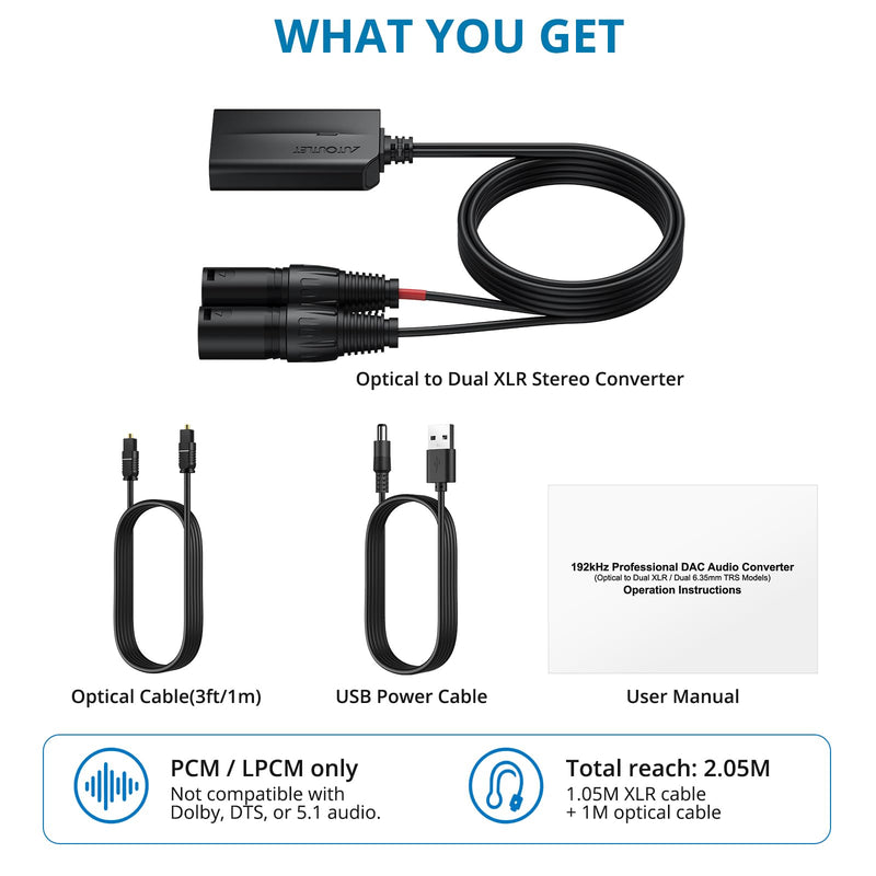 AUTOUTLET 192kHz Optical to Dual XLR Stereo Converter, SPDIF/Toslink to XLR Male Analog Audio Adapter with 3.4 ft Integrated Cable and 3 ft Optical Cable for Amplifiers and Powered Speakers
