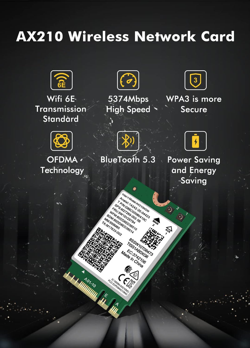 WiFi 6E Wireless Card Intel AX210 NGW Bluetooth 5.3 Tri-Band 5400Mbps Network Adapter for Laptop Support Windows 10/11 (64bit) M.2/NGFF