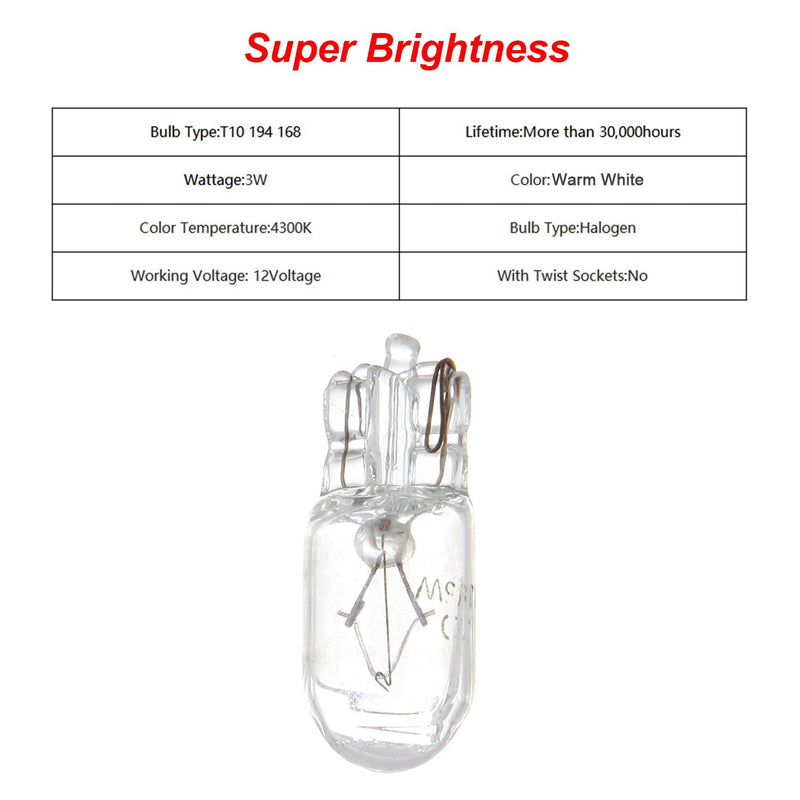 cciyu T10 168 194 W5W Halogen Light Bulb Instrument Cluster Gauge Dash Lamp (10pack white) 10pack white
