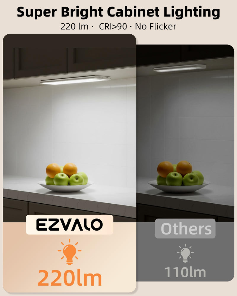 EZVALO 220LM Super Bright Under Cabinet Lighting Wireless, 5000mAh Rechargeable Battery Motion Sensor Light Indoor, Dimmable Under Counter Lights for Kitchen, 3-Inch Ultra-Wide Panel Closet Light White 2Pack-12inch