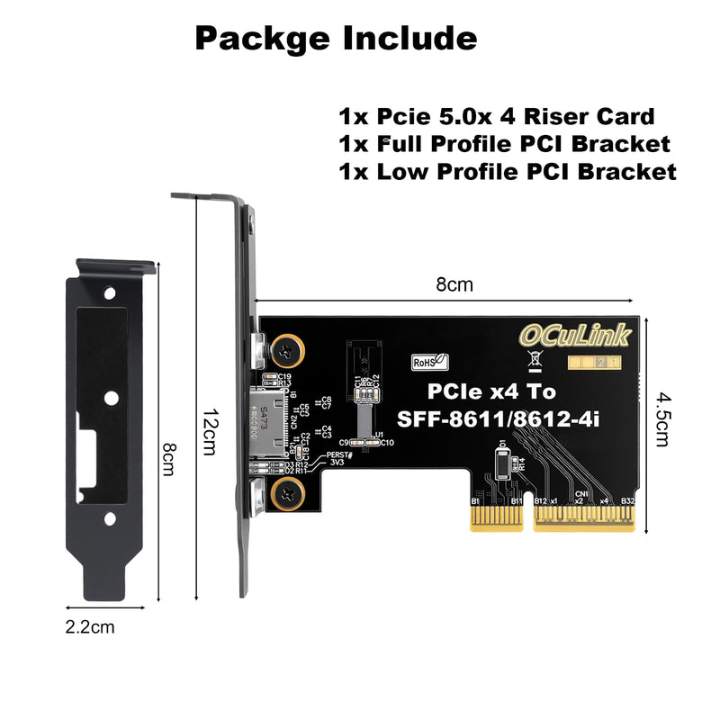 PCIe 5.0 x4 to OCuLink SFF-8611 SFF-8612 4i Host Adapter with Redriver | 128Gbps High Speed PCIe Riser Card, with Low & Full Profile PCI Brackets for External eGPU Graphics Cards, Mini PC