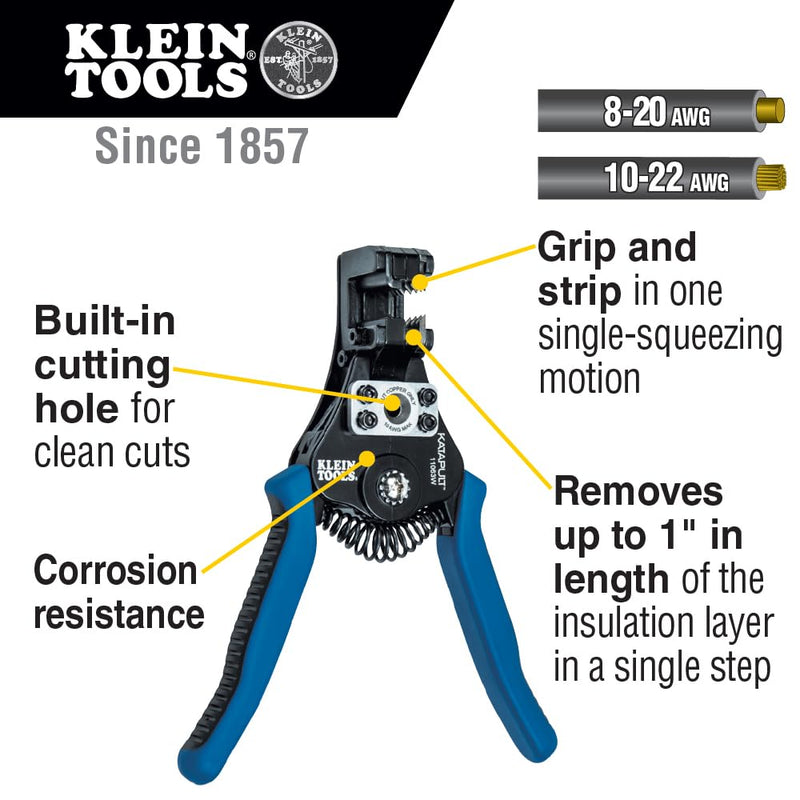 Klein Tools 11063W Wire Cutter/Stripper, Heavy Duty Automatic Tool for 8-20 AWG Solid and 10-22 AWG Stranded Electrical Wire