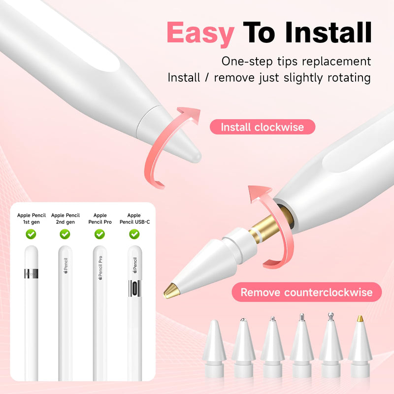 2026 Upgraded 6 Pack Apple Pencil Tips Replacement Accessories for Apple Pencil Pro/1st Gen/2nd Gen/USB-C, Apple Pen Writing Tips, Metal Drawing Tips (Pink) Pink White Case