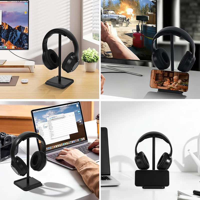 Headphone Stand, Headset Holder with Phone Holder for Desk Office Gaming | TPU-Padded Headrest, Aluminum Pole, Anti-Slip ABS Base, Universal Earphone Stand, 1 Pack Black