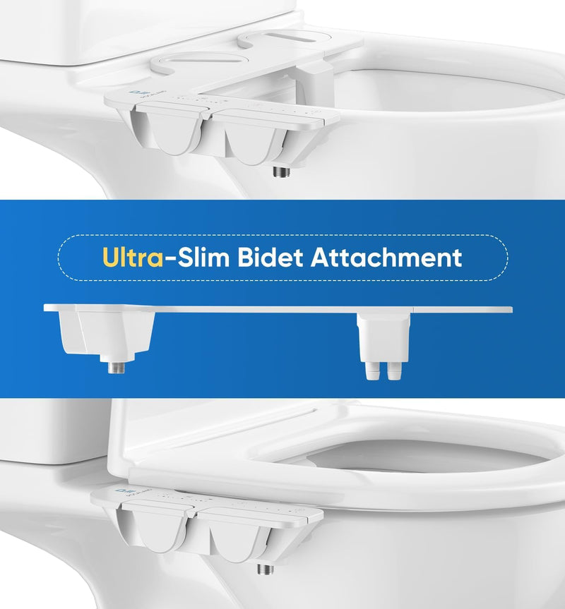 Ultra-Slim 3-in1 Bidet, Self-Cleaning, Posterior&Feminine Wash-(Retractable Dual Nozzles), Non-Electric Bidet Attachment for Toilet Seat, Adjustable Fresh Cold Water Pressure, Stainless Steel Inlet 1PCS-White + Cold Water