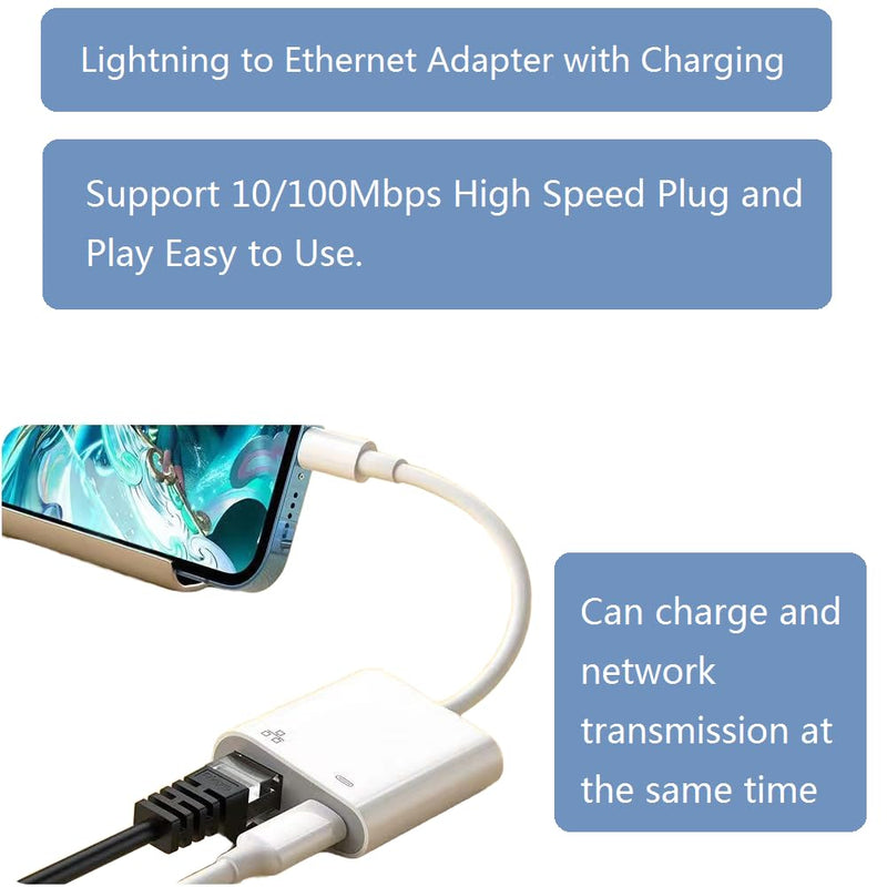 Lightning to Ethernet Adapter with Charging Port,RJ45 Ethernet LAN Network Adapter for iPhone/1Pad/iPod Supports 100Mbps,Plug and Play