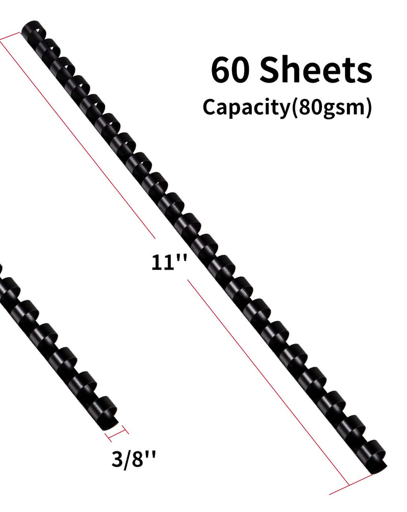 MAKEASY 100 Pack 19-Ring Letter Size Comb Binding Spines for LTR, Plastic Binding Combs, 3/8 Inch Diameter, 60 Sheet Capacity, Black Binding Combs 3/8'' 100PK