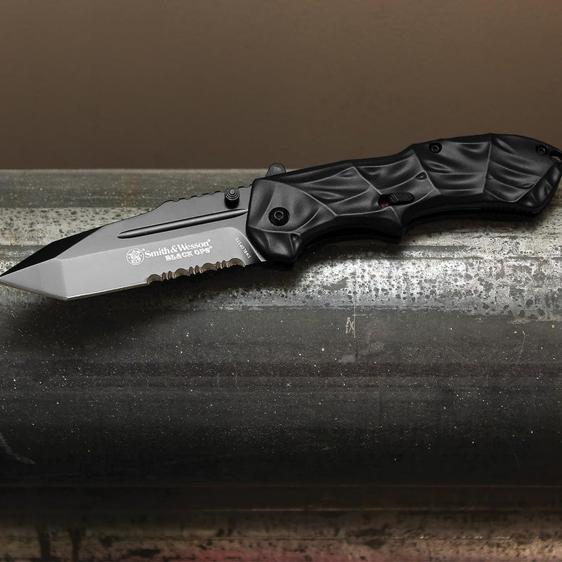 Smith & Wesson Black Ops Silver Handle Folding Knife with Pocket Clip, Aluminum Handle, 3.4" Blade, Stainless Steel Blade, For Tactical, Survival, Outdoors, and Everyday Carry Tanto