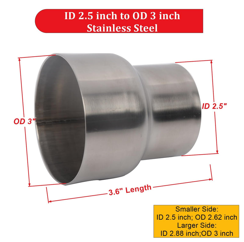 Universal ID 2.5 Inch to OD 3 Inch Exhaust Adapter, Stainless Steel Exhaust Coupler(2 1/2" ID to 3" OD), Pipe Adapter Whole Length 3.6 Inch ID 2.5" to OD 3"