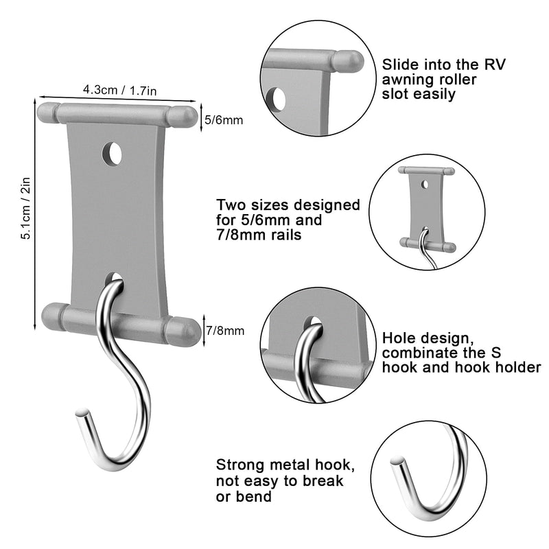 Homgaty 16 PCS RV Awning Light Clips, Double Slot Awning Hooks Camper Holders Heavy Duty RV Light Support Hanger for Lights Clothes, RV Awning Hooks Easily Slides Into Awning Roller Slot Gray