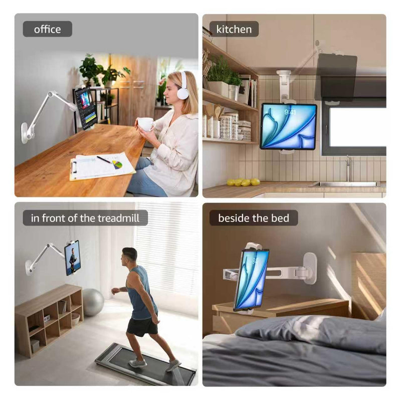 Tablet Wall Mount,iPad Wall Mount Holder Suit for 4.7-12.9Inch Tablets, Aluminum Alloy,360°Swivel Base,Flexible Angle Adjustable, Tablet Mount (White) White