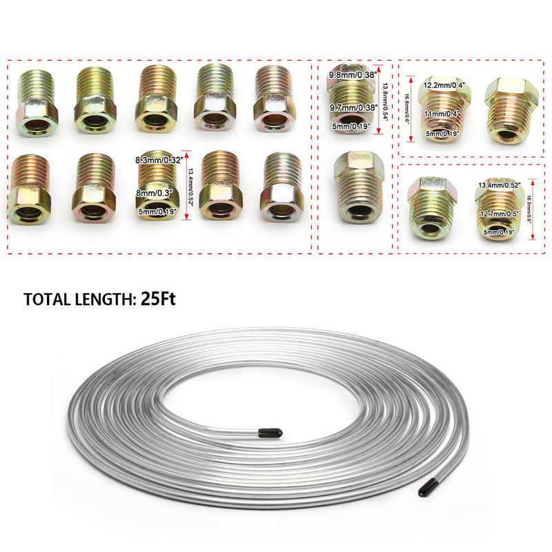 25Ft of 3/16 Zinc Plated Copper Brake Line Kit - Includes 16 Inverted Flare Fittings - Universal Copper Coil Brake Line Repair Kit for Car,Home,Industrial (Silver) Silver