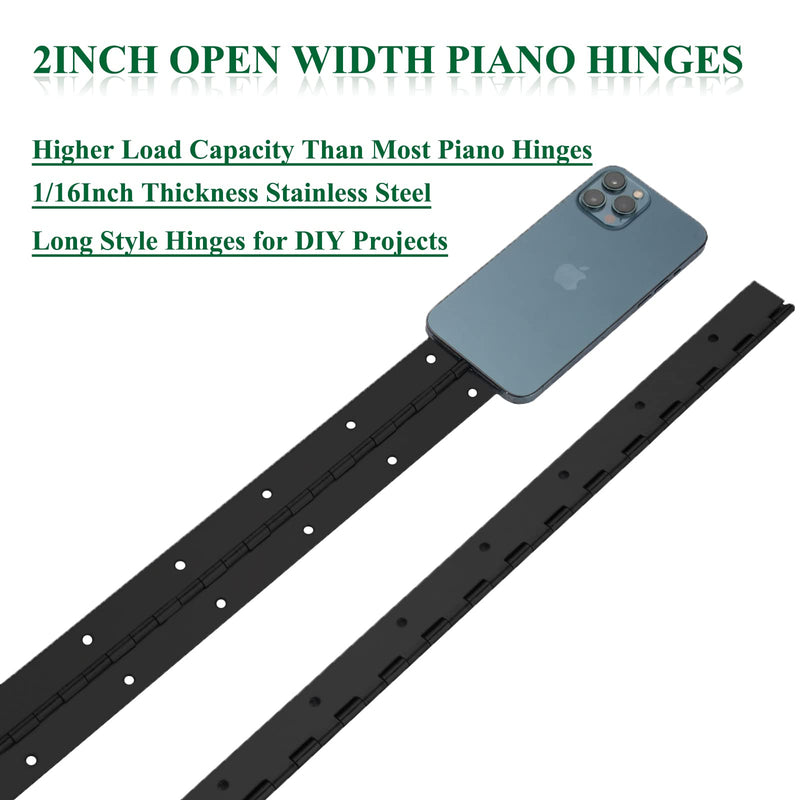 2Pack Heavy Duty Piano Hinge, 2" Open Width x 18" Continuous & Piano Hinges, 0.06” Thick Stainless Steel Piano Hinge with Holes, Black Stainless Furniture Hinges for Cabinet Door Cases Woodworking 18INCH