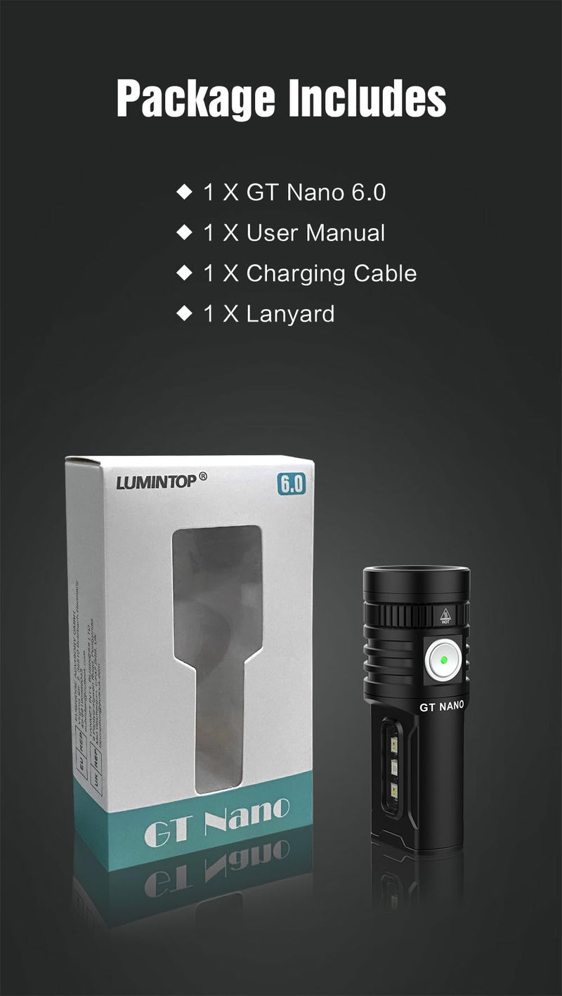 LUMINTOP GT Nano 6.0 Powerful Mini Thrower Flashlight, 720 Lumens with 410m Beam Distance, USB-C Charging, RGBW & UV Side LEDs, Magnetic Tailcap, IPX-8 Waterproof, Compact EDC Flashlight GTNANO V6 Black