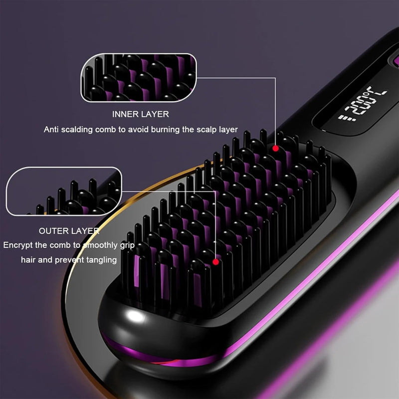  [AUSTRALIA] - Go Brush Pro, Cordless Hair Straighteners Brush, Portable Wireless Hair Straightening Brush, USB Rechargeable Heated Hot Comb with 3 Temperature Settings, Mini Styling Comb for Travel,Black Black