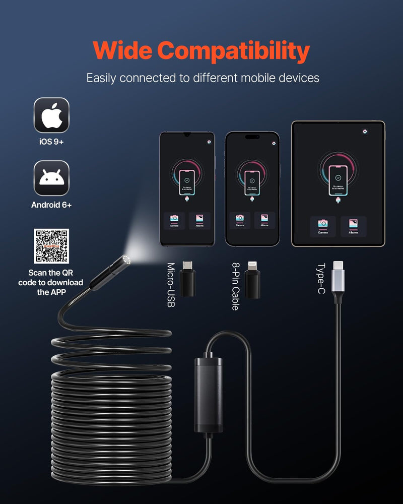 VEVOR Endoscope Camera with 49.2FT Semi-Rigid Cable, 1920P HD Borescope for Android & iOS, Industrial Inspection Tool with Light - 8 LED, 2X Zoom, IP67 Waterproof Snake Camera for Auto, Plumbing