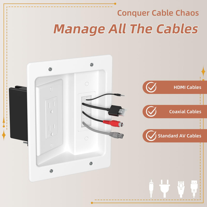 in Wall Cable Management Kit with Brush Wall Plate TV Wire Hider for Wall 2AC Recessed Outlet Box 9.8ft Cord for TV Gaming Consoles Soundbars Home Theater Setups (AC kit) AC kit