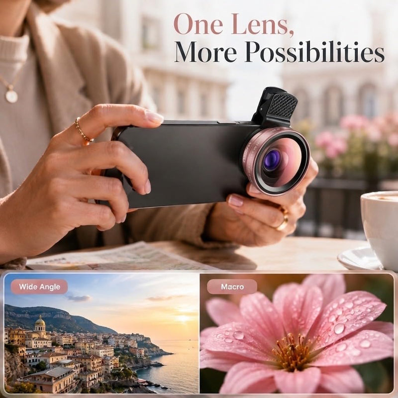 Phone Camera Lens Kit, 0.45X Super Wide Angle Lens + 15X Macro Lens 2 in 1 Professional Lens Attachment for Phone 17/16/15/14/13 Rose Gold