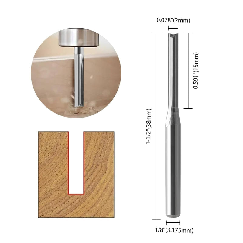 CNC Router Bits Straight Router Bit 1/8 Shank,2mm Cutting Dia Straight Flute Carbide End Mill Cutter 2-Flute Milling Tungsten Steel 15mm CEL/38mm OAL for Woodworking 10 Pack 3.175x2x15mm