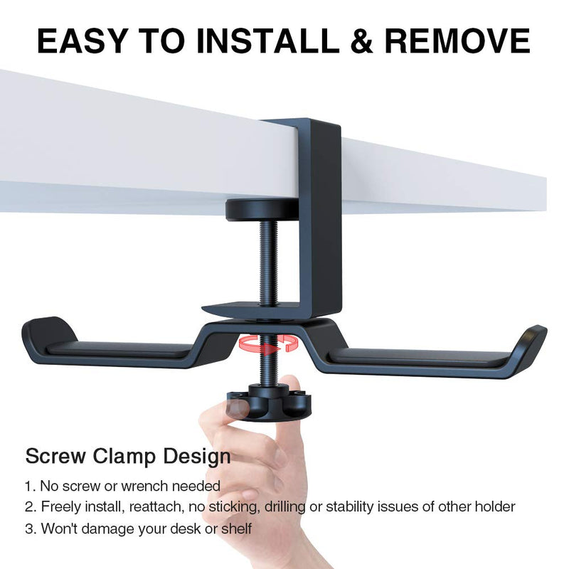 Dual Headphone Stand Hanger Under Desk, 360 Degree Rotating PC Gaming Headset Holder Aluminum Clamp Hook Space Save Mount, Universal Fit All Headphones, Black