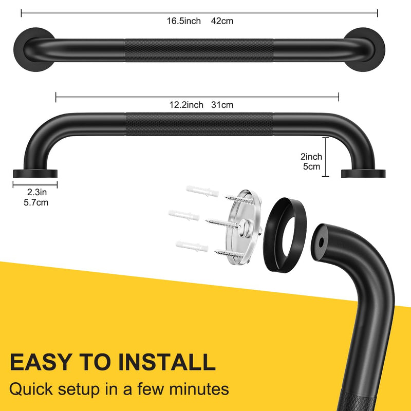 FANHAO 2 Pack Shower Grab Bar, 16 Inch Stainless Steel Bathroom Grab Bar with Anti-Slip Knurled Grip, Shower Handle Bath Handle, Safety Bars for Shower Chair Bench, Senior, Elderly, Handicap Black