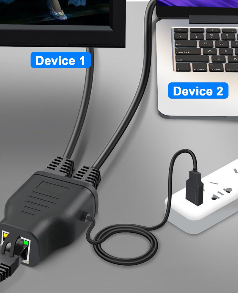 Duttek Ethernet Splitter Adapter 100 Mbps, LAN RJ45 Coupler 1 to 2 Internet Extender Adapter with USB Power Cable for Cat5/6/7 Cable Share Two Devices of The Internet at The Same Time