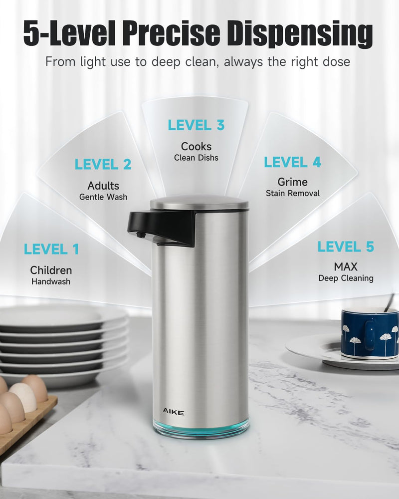 AIKE SensePro Automatic Soap Dispenser Type-C Rechargeable, Brushed Stainless Steel Finish 12.8 fl.oz. for Liquid Soap