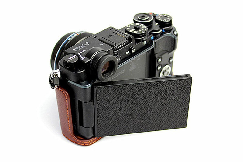 PEN-F Case, BolinUS Handmade Genuine Real Leather Half Camera Case Bag Cover for Olympus PEN-F Bottom Opening Version + Hand Strap - Coffee Natural