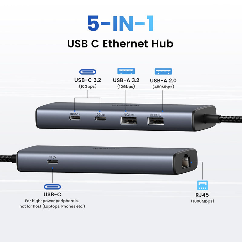 UGREEN USB C to Ethernet Adapter, 5 in 1 USB C Hub Ethernet with 2* USB-C 3.2 (10Gbps) + 1*USB-A 3.2/1*USB-A 2.0/Gigabit RJ45, Thunderbolt (3/4) to Network LAN Dongle for MacBook, XPS, iPad Pro