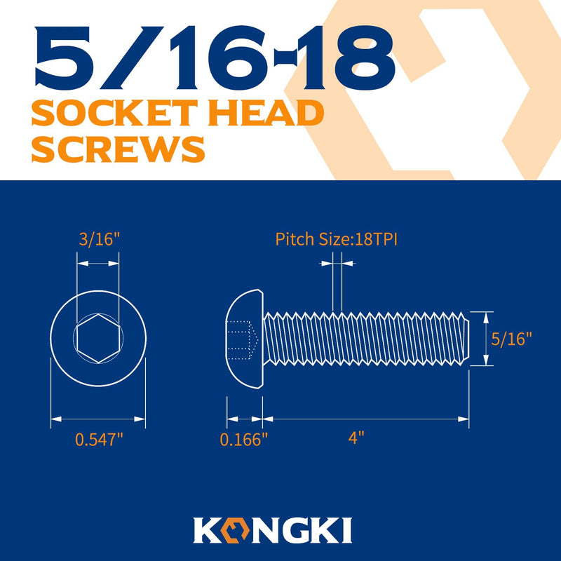 5/16-18 x 4 Button Head Socket Cap Screws, Stainless Steel 18-8(304), Black Oxide, Allen Hex Drive, Full Thread, 20 PCS (with Hex Spanner) 5/16x4"
