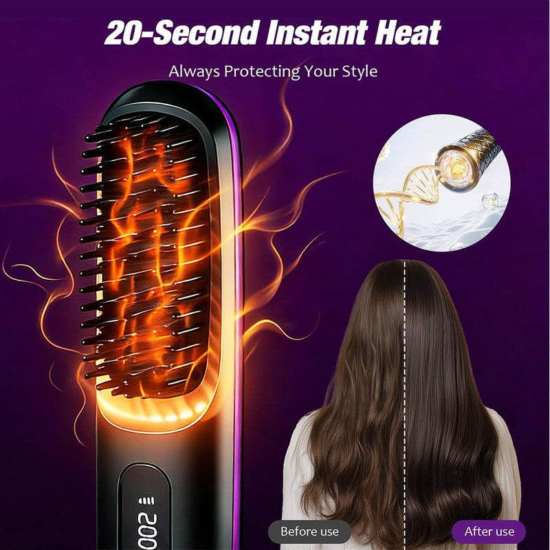 GlowWave Heated Brush, 2026 Cordless Hair Straightener Brush, 3 Heat Settings & LED Screen Glowcept Heated Brush, Portable & Rechargeable Heated Styling Brushes for Travel & Everyday Use (Black)