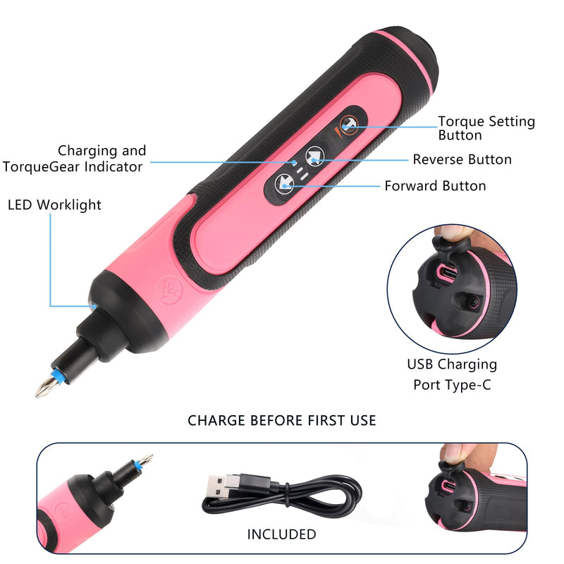 Electric Screwdriver Rechargeable, 4V Cordless Screwdriver, with 3 Gear Torque Adjustment and 26 Bits, Extension Rod, USB Charging Cable, Suitable for Furniture or Appliance Repair Pink
