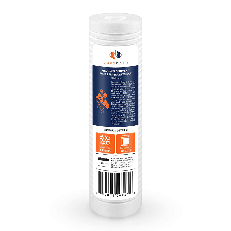 Aquaboon Whole House 1 Micron 10 x 2.5 PP Grooved Sediment Water Filter Cartridge Replacement Compatible with AP110, WHKF-GD05, CFS110, P5, 6-Pack