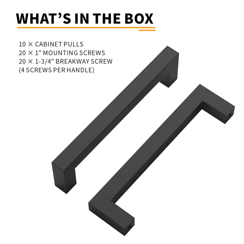 9BUILD 10 Pack Matte Black Cabinet Pulls 6.25 Inch Handles for Kitchen Cabinets - Stainless Steel Drawer Hardware 6.25"/160MM Hole Center