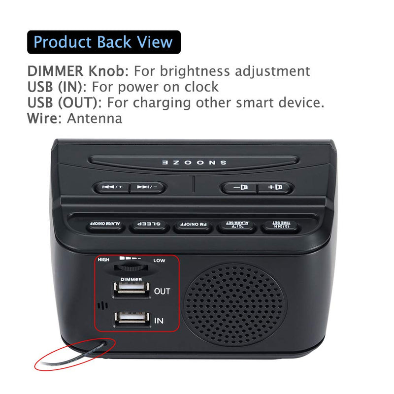 DreamSky Alarm Clock Radios for Bedrooms with Battery Backup, Large Big Numbers with Dimmer Wheel, USB Port, Bedside Digital FM Radio with Sleep Timer, Temperature, Adjustable Volume, Snooze Black