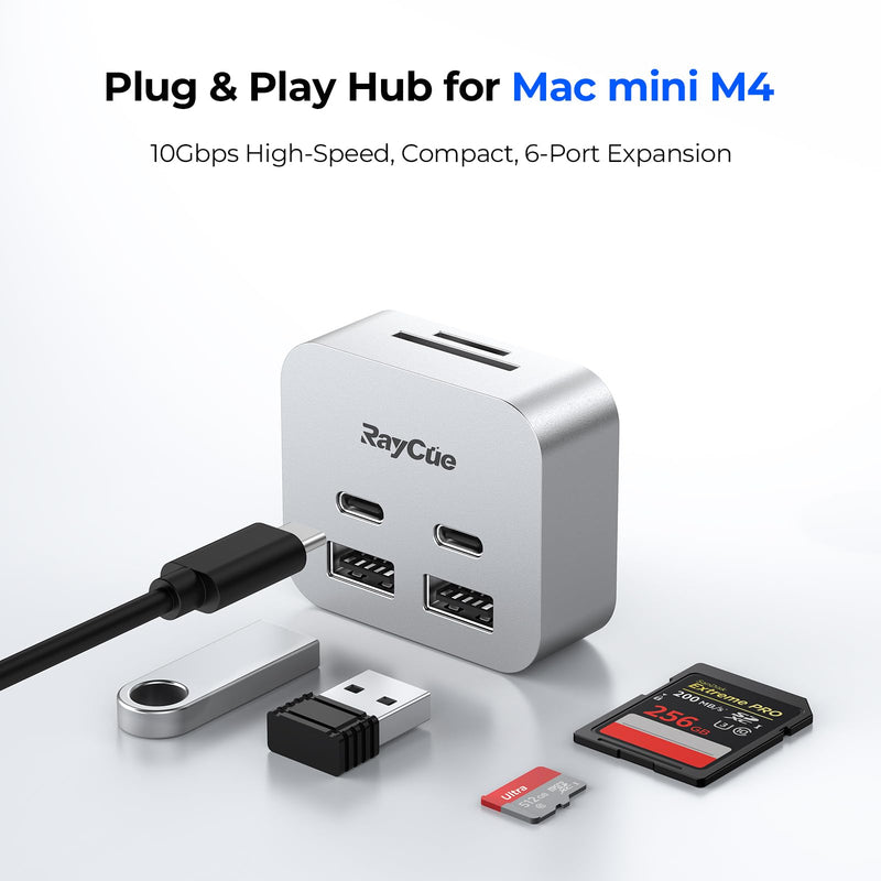 RayCue MiniPack Expansion Dock for Mac mini M4 | 6-Port USB-C Hub with Dual 10Gbps Adapters, 2 * 10G USB-C/ 2 * 10G USB-A/SD TF 3.0 Card Reader | High-Speed Data Transfer & Multi-Device Connectivity