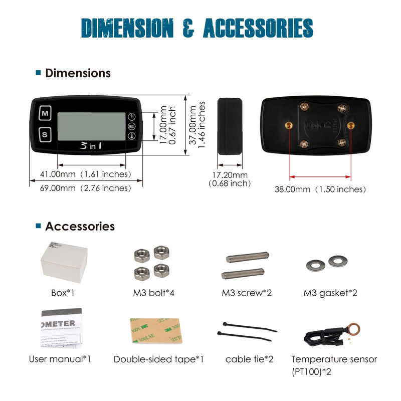 Runleader Digital Engine Temperature Gauge Volt Meter,Programmable Alert Reminder,Clock Display,Backlight Mode Selection for Generator Motorcycle Dirtbike ATV Outboard Motor Marine Snowmobile