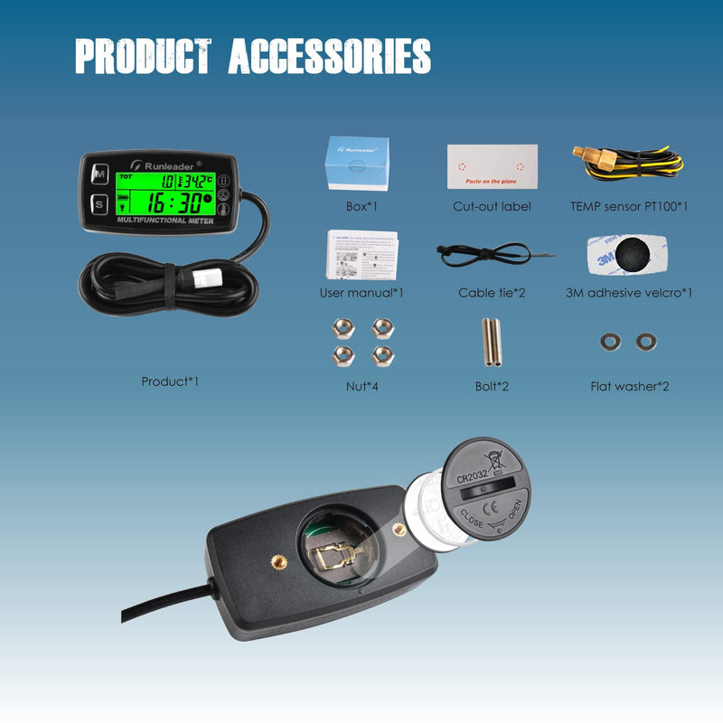 Runleader Digital Tach Hour Meter,Engine Water Oil Temperature Gauge,Alert RPM & Temp,Backlights Display for Lawn Tractor Compressor Generator Snowmobile Marine Jet Ski Pit Bike (RL-HM035A-TS001) RL-HM035A-TS001