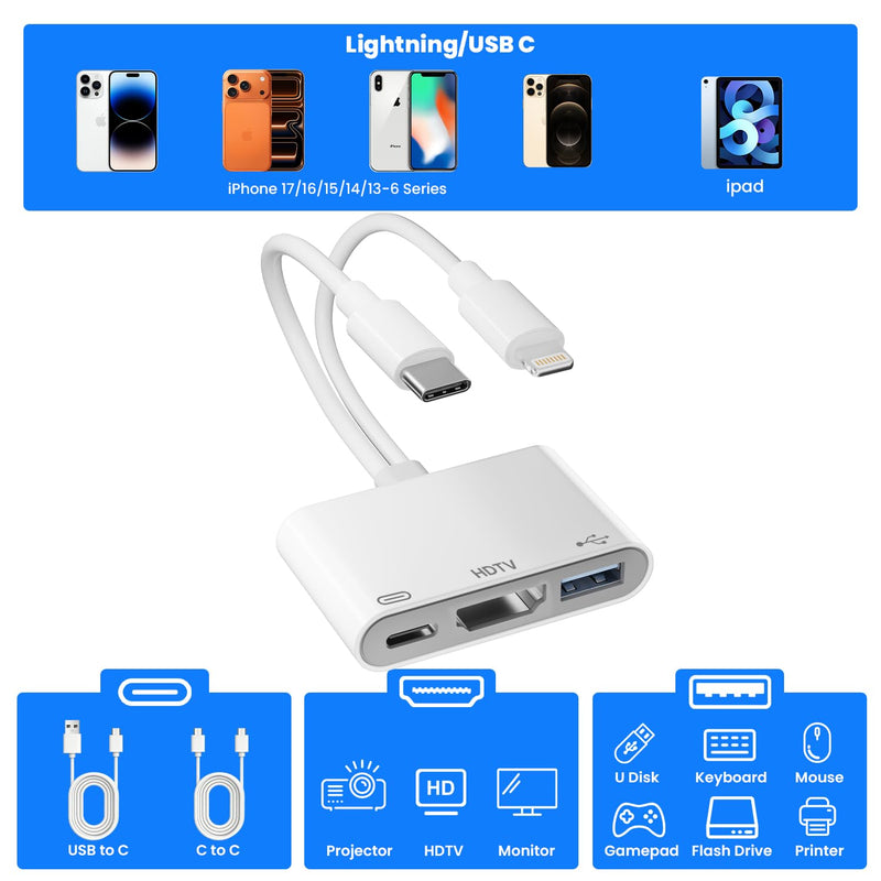USB-C and Lightning to HDMI Adapter with USB for iPhone/iPad, 1080P MFi Lightning Digital AV Adapter with Charging Port for iPhone 17/16-6/iPad to HDTV/Projector/Monitor,USB2.0 Supports Keyboard/Mouse