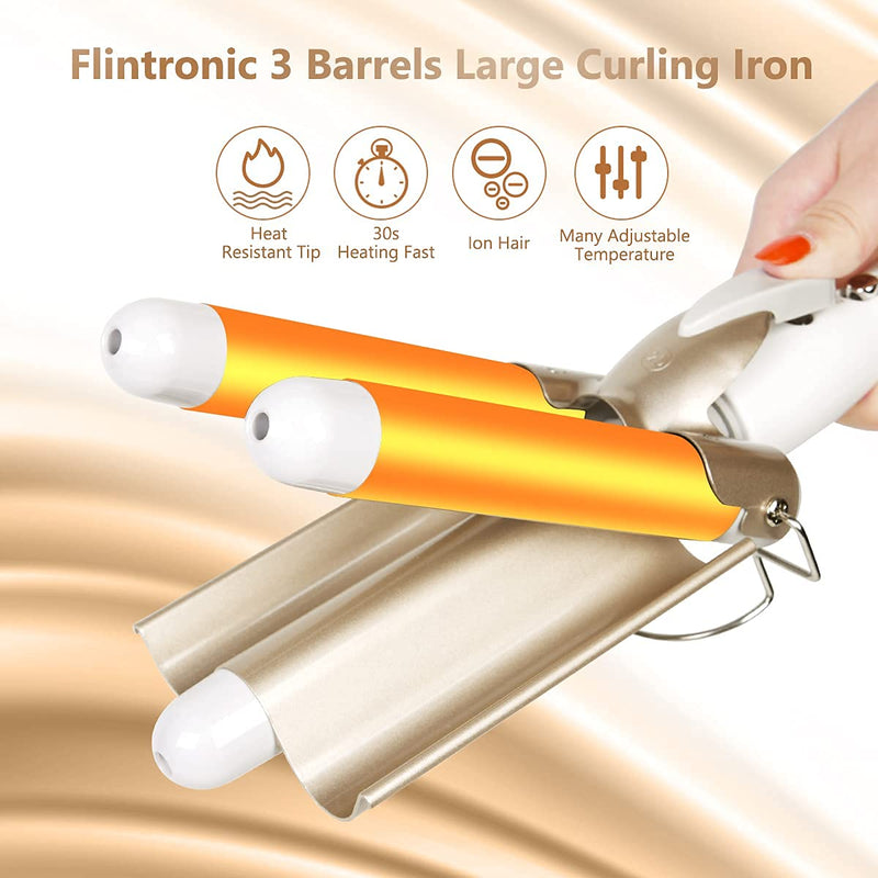  [AUSTRALIA] - flintronic Hair Curler, 3 Barrels Curler Ceramic Curling Iron Wand Hair Wavers with Two Gear Temperature Control, 25mm Curling Tongs Crimping Bubble Styling Tool Gold