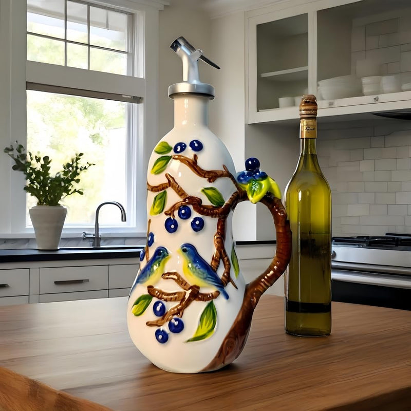 18.26oz/540ml Ceramic Olive Oil Dispenser Bottle,Hand Painted Reliefs Oil Dispenser for Kitchen,Oil Bottles for Kitchen (Blueberry) Blueberry