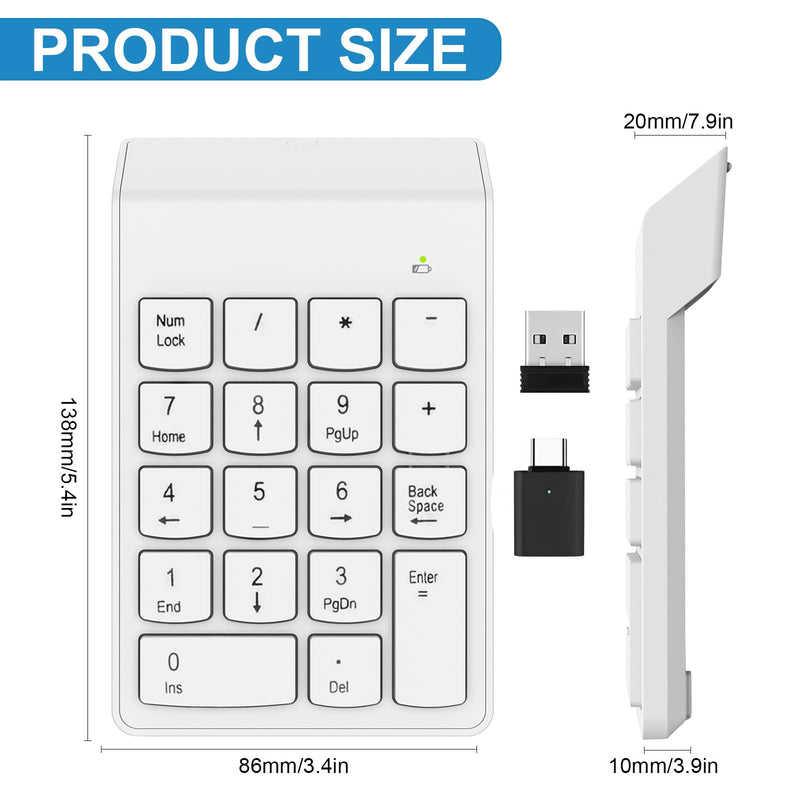 Wireless Numpad with Type C to USB Adapter, Numeric Keypad Number Pad Compatible with Laptops Computer Desktop MacBook Air Pro - 10 Key USB Keypad Office Accessories White