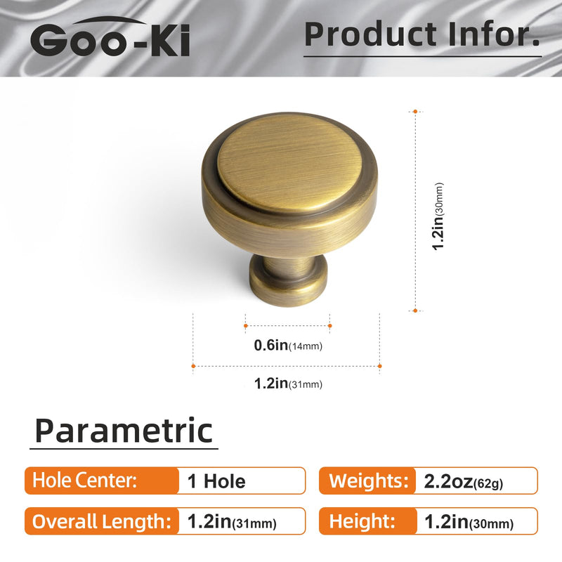 Goo-Ki Brushed Bronze Cabinet Knobs Solid Drawer Knob Zinc Alloy Kitchen Cabinet Hardware - 6 Pack Brass Bronze Single Hole/Screw Bar Cabinet Pulls Dresser Handles 1.2 Inches