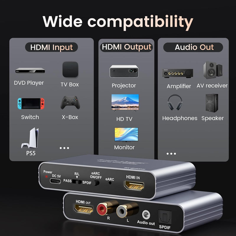 8K eARC HDMI Audio Extractor Converter, 4K@120Hz ARC HDMI Adapter to Optical/SPDIF RCA 3.5mm AUX Audio Adapter Converter Splitter Support LPCM 5.1/DTS/DSD for Laptop/TV Box/DVD/PS5/Soundbar/Speaker | Audio Extraction, HDMI Compatible 8K60HZ eARC