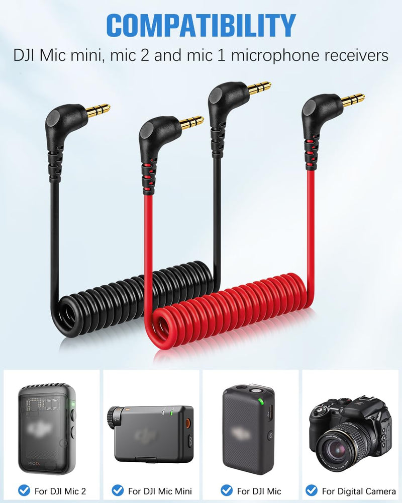 Audio Cable for DJI Mic Mini Microphone, 2-Pack 90-Degree Plug Retractable Coiled 3.5mm (TRS to TRS) Aux Cord, Mic Cord for DJI /1/2/3, with 2 Cable Winder
