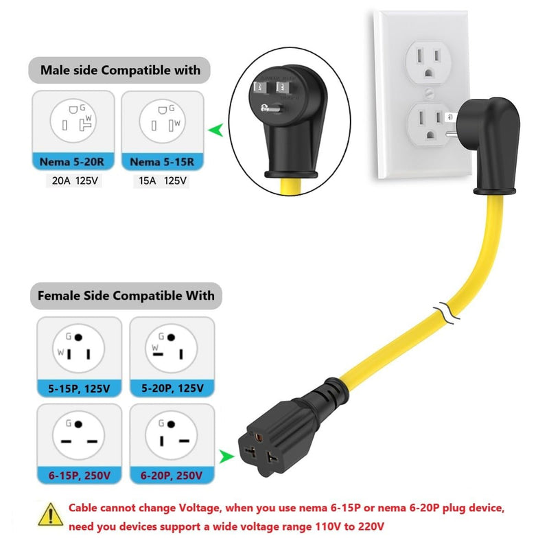 10-Ft 12AWG 90-Degree 15 Amp Household Plug to 20-Amp Extension-Cable,Nema 5-15P to 5-20R,5-15P to 6-15R/20R T Blade 20Amp to 15Amp Right-Angle Heavy Duty Extension-Cord,125V 15A to 20A AC Power Cord