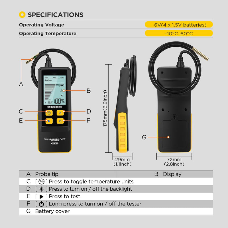 Transmission Fluid Tester AS505 Gearbox Oil Quality Test Detector,Car Transmission Fluid Transparency Detector Fluid Transparency Analyzer with 800mm Probe,Oil Temp. & Transmittance Display,2.8" LCD